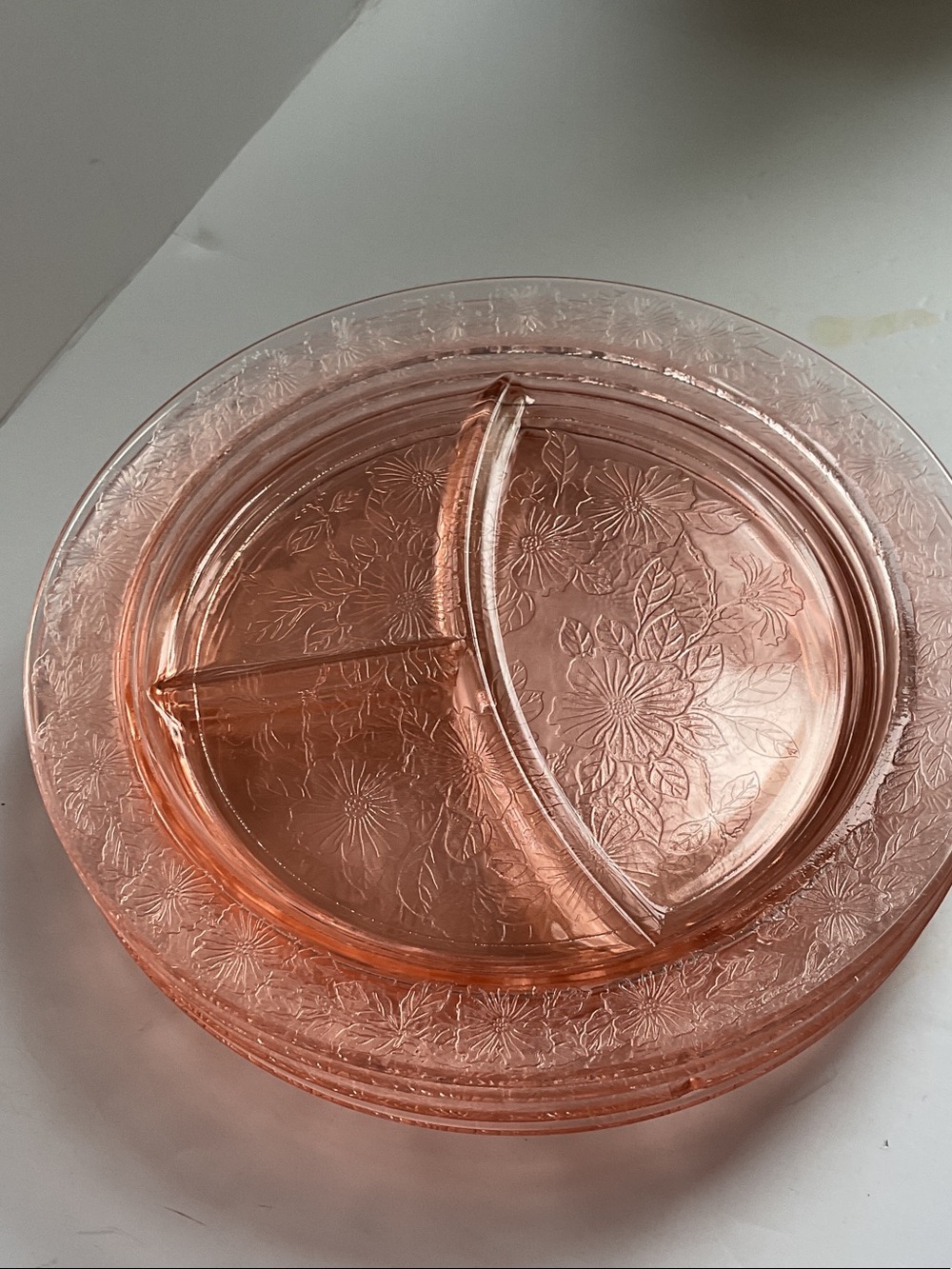 Macbeth-Evans pink depression glass divided plate. Dogwood.